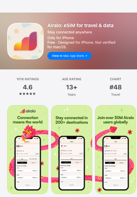 Airalo eSIM i App Store: 4,6 stjärnor av 101 000 betyg, nr 48 i Resor