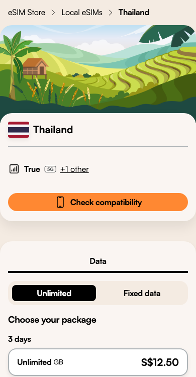 Airalos abonnemangsval för Thailand med flikarna Unlimited och Fixed och flera längder