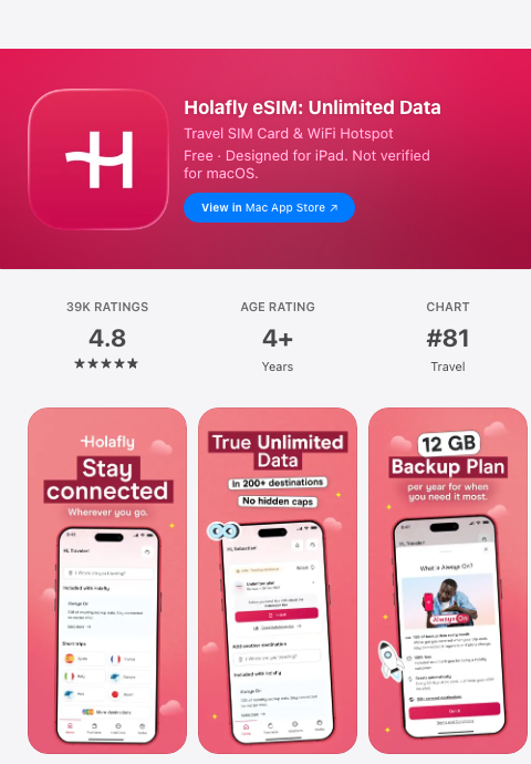Holafly eSIM i App Store: 4,8 stjärnor av 39 000 betyg, nr 81 i Resor