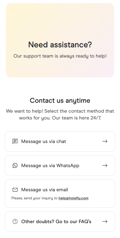 Holaflys kontaktsida med support via chatt, WhatsApp och e-post