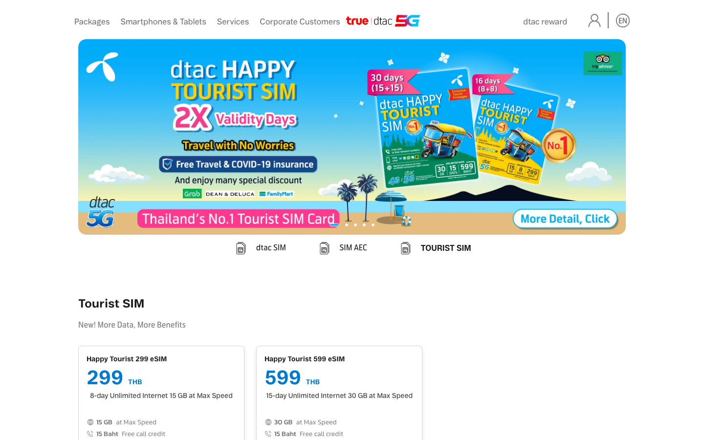 dtac Happy Tourist SIM - Thailand's No.1 Tourist SIM Card official page showing plan options